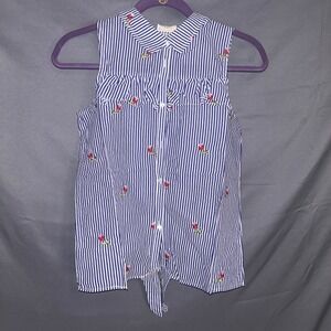 Hayden Girls Blue White Striped Embroidered Rose Tie Front Sleeveless Top 13/14